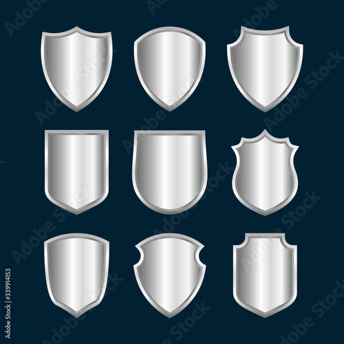 Set of different silver metalic shield shape design template vector