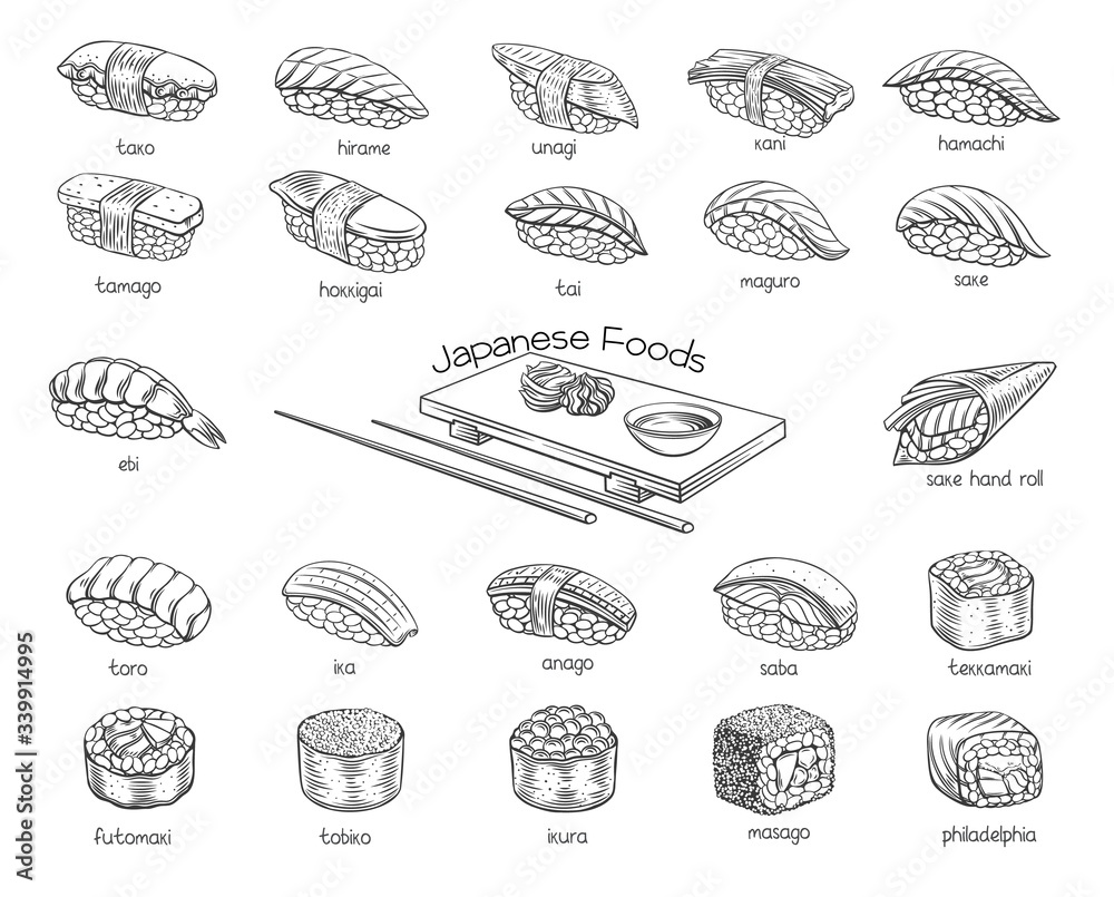 sushi rolls outline set