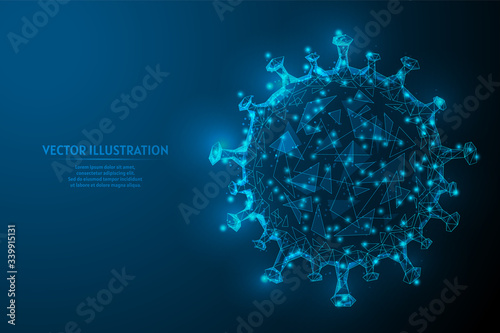 Virus cell influenza infection coronavirus COVID-19, SARS-CoV-2 close-up under a microscope. Pandemic, medicine, innovative technology, vaccine, antibiotic. 3d low poly wireframe vector illustration.