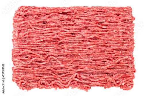 raw minced meat and spices isolated on white background