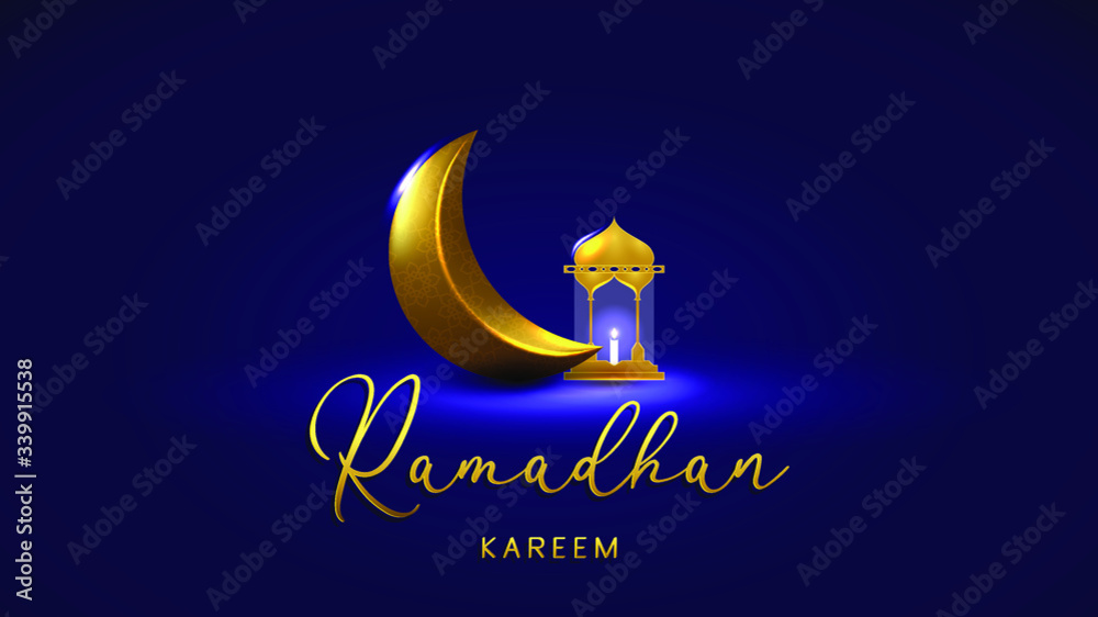 Naklejka premium Ramadan kareem background illustration.Golden moon and lantern illustration