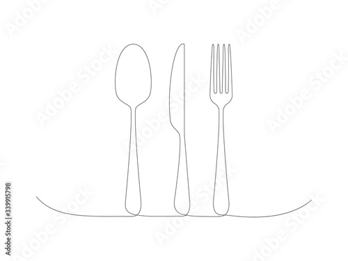 Continuous cooking icons line stock vector illustration isolated on white background. Fork, spoon and knife one line.