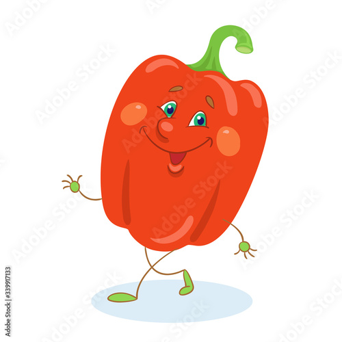 Funny red pepper. In cartoon style. Isolated on white background. Vector flat illustration.