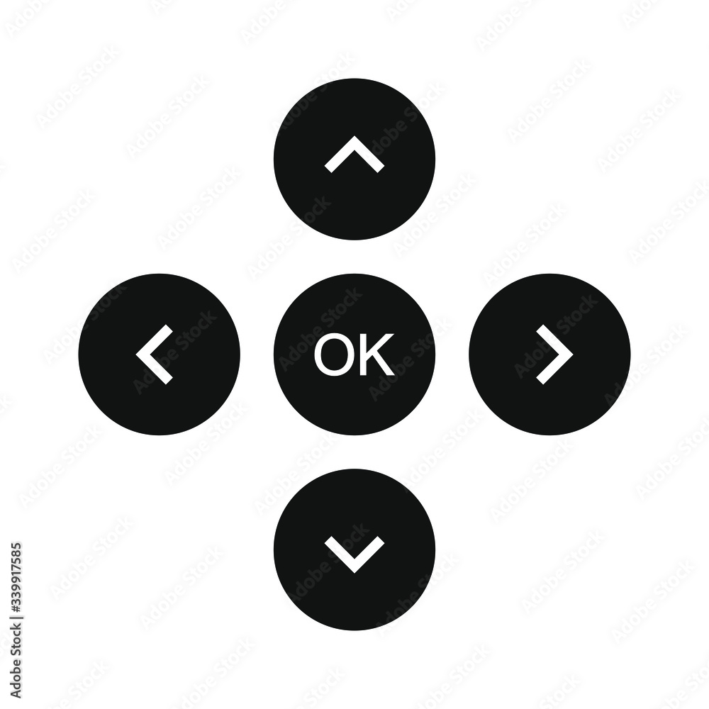Direction control and ok button icon set. Menu navigation arrow pointer symbol. Up, down, right and left buttons. Interface indicator sign. Simple flat shape logo. Vector Illustration image.