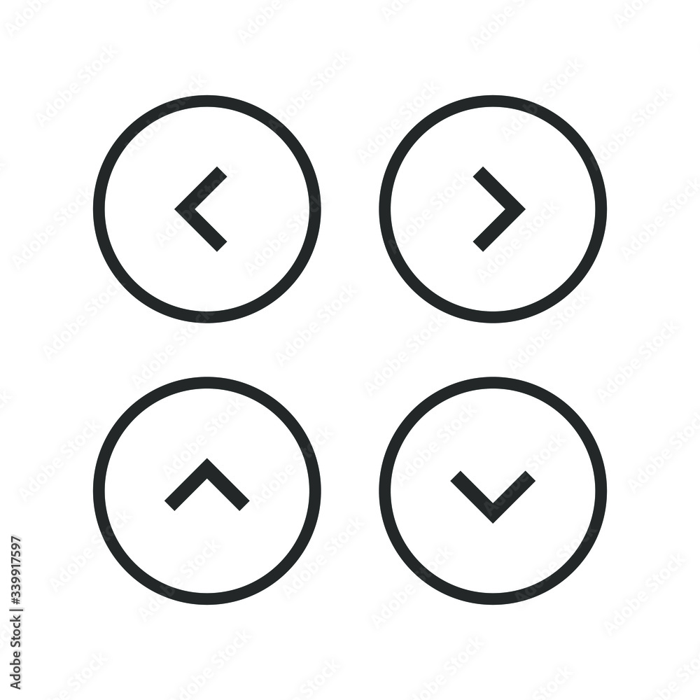Direction control button icon set. Menu navigation arrow pointer symbol. Up, down, right and left buttons. Interface indicator sign. Simple flat shape logo. Vector illustration image. Direction control button icon set. Menu navigation arrow pointer symbol. Up, down, right and left buttons. Interface indicator sign. Simple flat shape logo. Vector illustration image.