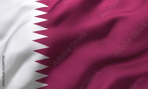 Flag of Qatar blowing in the wind. Full page Qatari flying flag. 3D illustration.