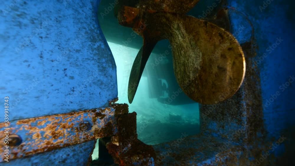 under boat scenery with scuba divers aroun the propeller of boat underwater