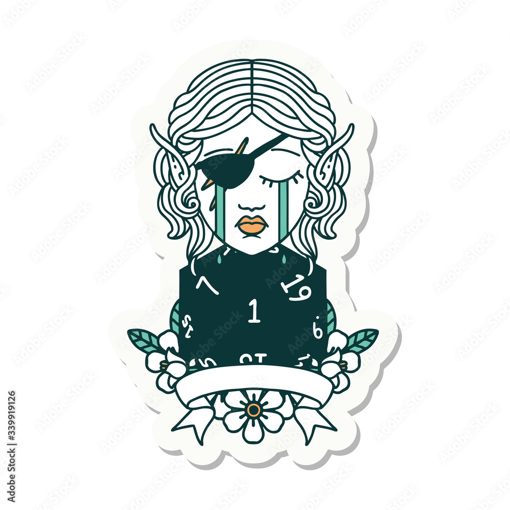 crying elf rogue character with natural one D20 roll sticker crying elf rogue character with natural one D20 roll sticker