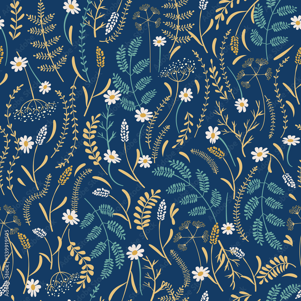 Pattern with leaves and flowers on a blue background