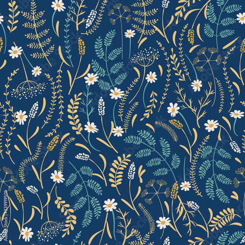 Vector seamless  pattern with  leaves and  flowers on blue background.  Floral illustration for textile  print  wallpapers  wrapping.