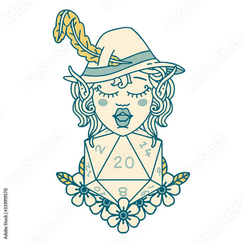 elf bard character with natural twenty dice roll illustration
