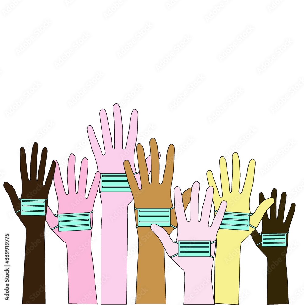 hands of different people and they are wearing medical masks