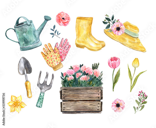 Cute watercolor spring gardening tools and fashion clothes set, isolated on white background. Wooden box, tulip flowers, straw hat, yellow rubber rain boots. Hand drawn garden illustration. #339919736