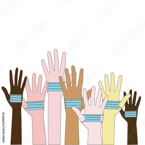 hands of different people and they are wearing medical masks.