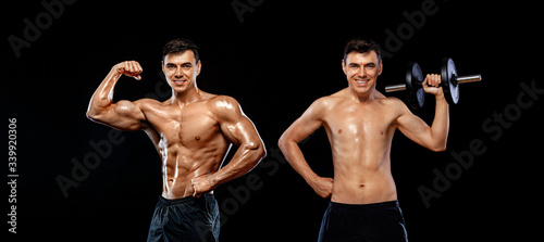 Athlete bodybuilder. Before - after coronavirus self isolation. Strong muscular athletic man pumping up muscles with barbell on black background. Workout bodybuilding concept. © Mike Orlov