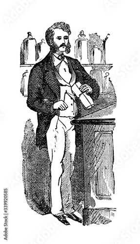 Line art illustration man in waiste coat holding an object standing in front of a counter. photo