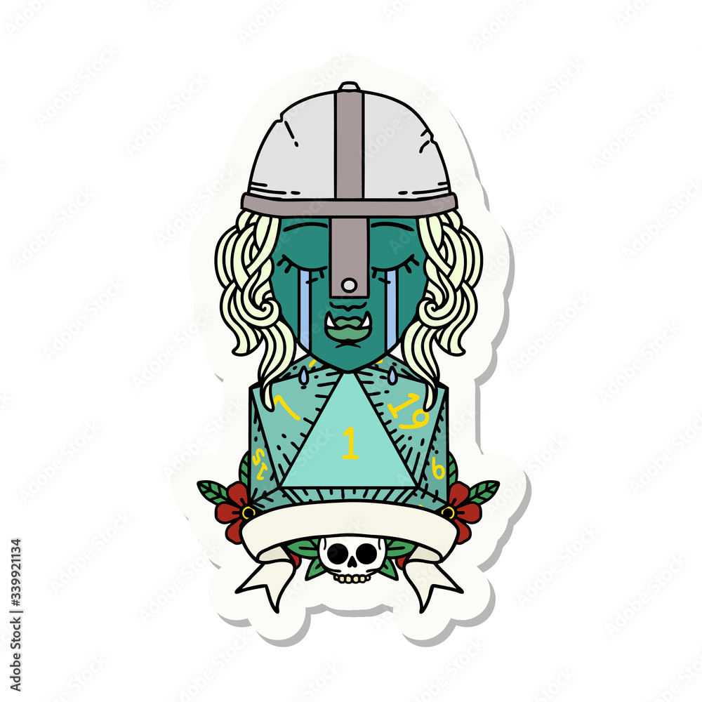 crying orc fighter character with natural one D20 roll sticker crying orc fighter character with natural one D20 roll sticker