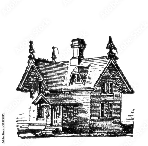 Victorian home illustration late1800s black and white drawing lineart.