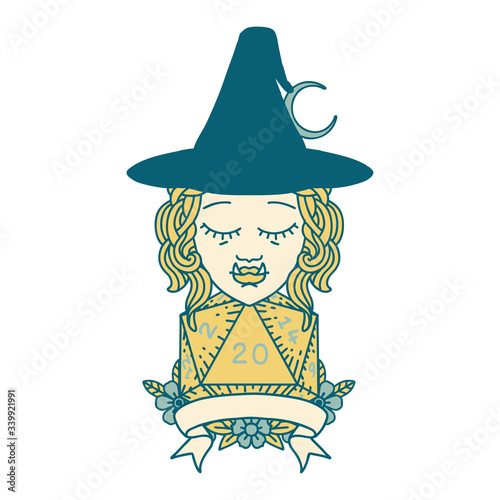 half orc witch character with natural 20 dice roll illustration