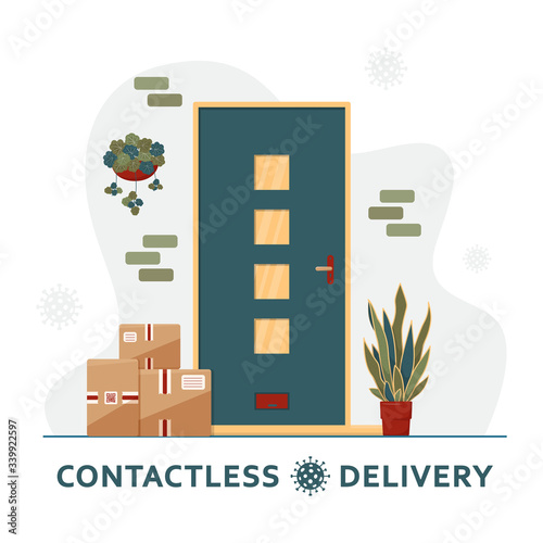 Contactless delivery concept. Boxes of purchases stand at the door. Delivery concept. Non-contact express delivery service. Self isolation lifestyle. Online shopping during quarantine. Covid-19