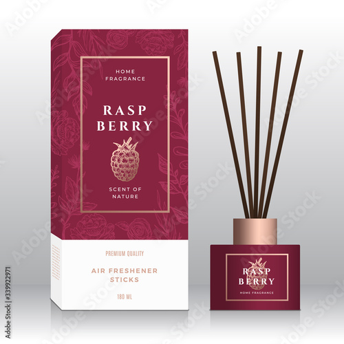 Raspberry Home Fragrance Sticks Abstract Vector Label Box Template. Hand Drawn Sketch Flowers, Leaves Background. Retro Typography. Room Perfume Packaging Design Layout. Realistic Mockup.