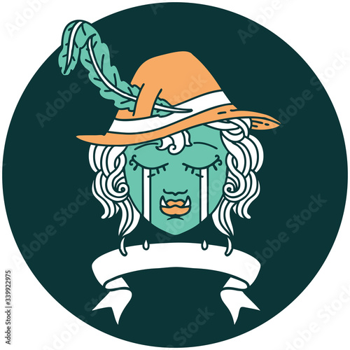 crying orc bard character with banner icon