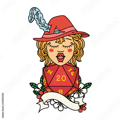 human bard with natural twenty dice roll illustration