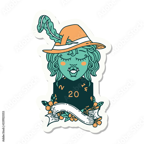 singing half orc bard with natural twenty dice roll sticker