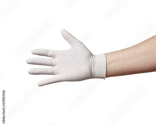 Fototapeta Naklejka Na Ścianę i Meble -  latex glove protective deal virus corona coronavirus disease epidemic medical health handshake hand