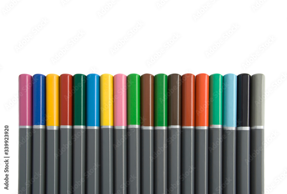 Row of Multi Coloured Pencils Isolated against White Background Row of Multi Coloured Pencils Isolated against White Background