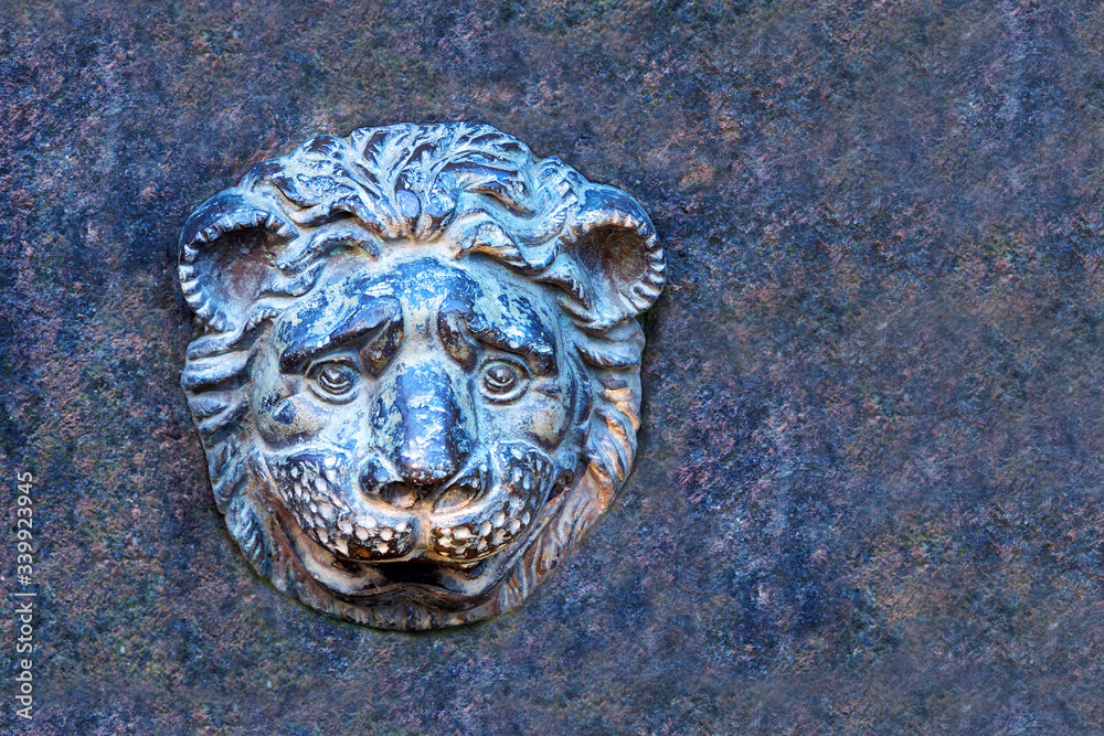 Bas-relief of an ancient bronze lion on a marble slab. Bronze lion fountain