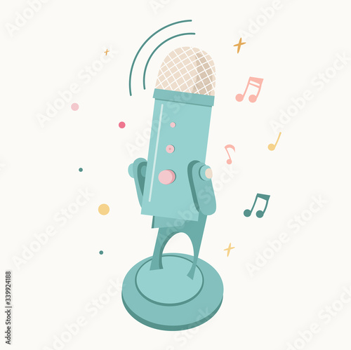 Nice vector flat microphone. Microphone for stream, podcast, songs. Illustration for media, radio hosting and podcasts.