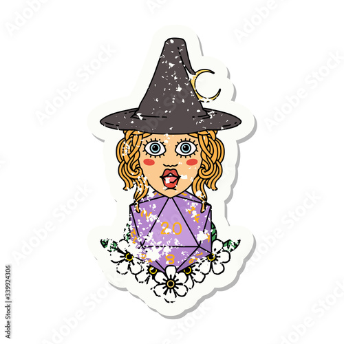 human witch with natural twenty dice roll grunge sticker