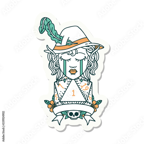 crying elf bard character with natural one D20 roll sticker