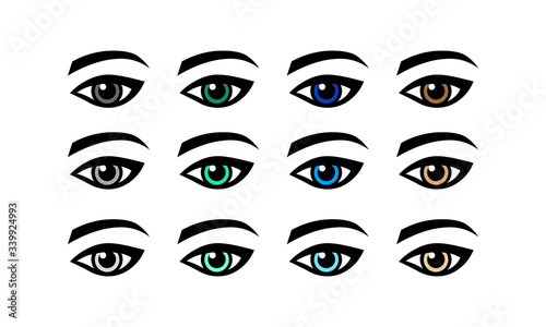 Eye green, gray, blue, brown vision icon set or lady s eye in simple design on an isolated background. EPS 10 vector