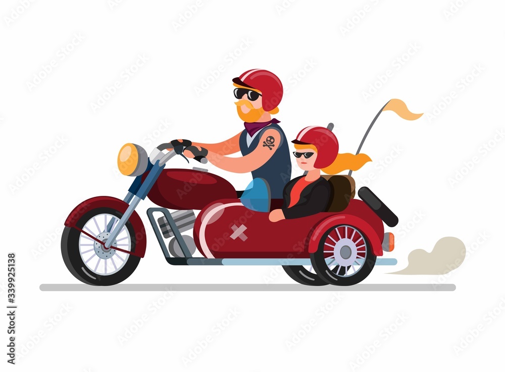 couple man and woman riding motorbike with sidecar or sespan modification in cartoon flat illustration vector isolated in white background couple man and woman riding motorbike with sidecar or sespan modification in cartoon flat illustration vector isolated in white background