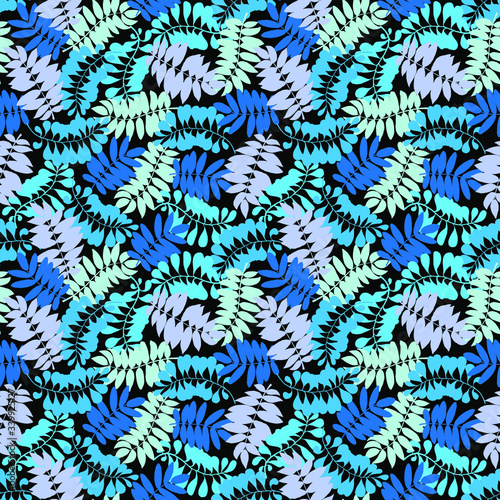 Blue nad green leaves on black background: floral seamless pattern, tender wallpaper and textile design. Vector graphics.