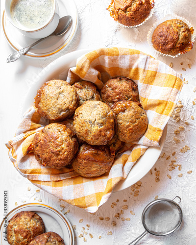 brown banana toffie muffins on a white background photo