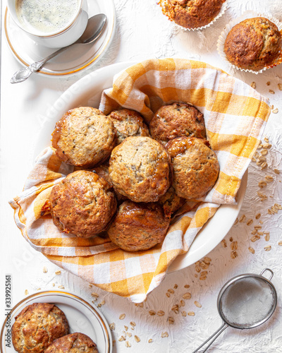 brown banana toffie muffins on a white background photo