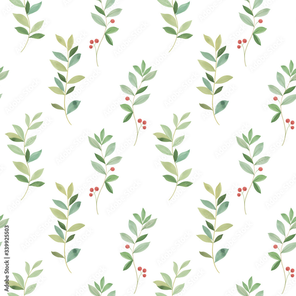 watercolor leaves on a white background. seamless pattern of green leaves. botanical art of twigs and leaves