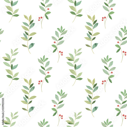 watercolor leaves on a white background. seamless pattern of green leaves. botanical art of twigs and leaves