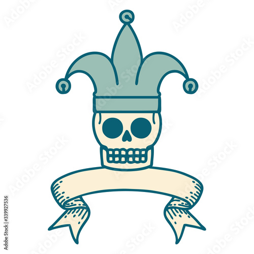 tattoo with banner of a skull jester