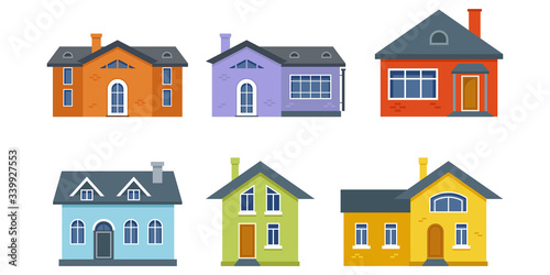 Collection of two-storey residential buildings. Multicolored private houses in flat style.