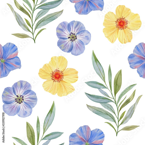 Seamless watercolor exotic floral pattern. Seamless watercolor pattern for design. Hand painted flowers of different colors.