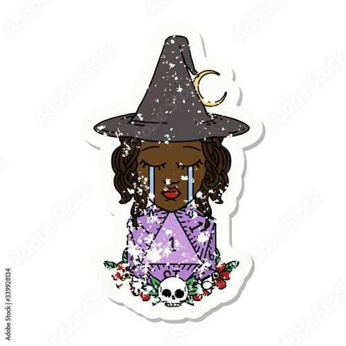 crying human witch with natural one D20 dice roll illustration