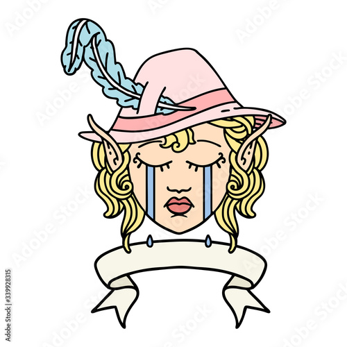 crying elf bard character face with banner illustration