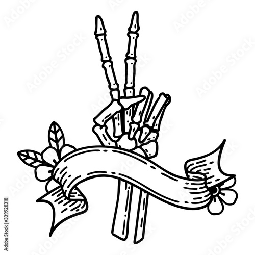 black linework tattoo with banner of a skeleton hand giving a peace sign