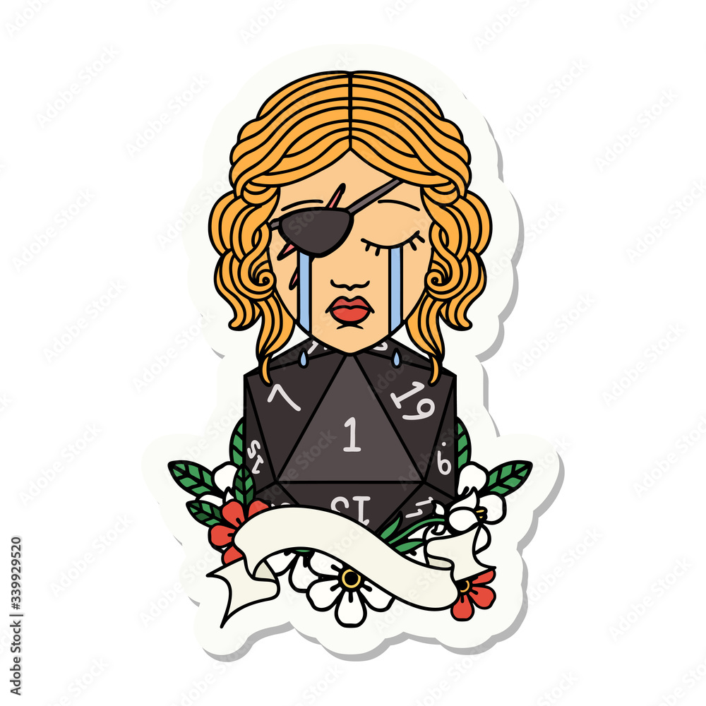 crying human rogue with natural one D20 roll sticker crying human rogue with natural one D20 roll sticker