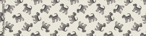 Hand drawn cute schnauzer dog breed seamless border pattern. Purebred pedigree domestic dog background. Dog lover English hunting pet washi ribbon. Kennel pooch EPS 10. 