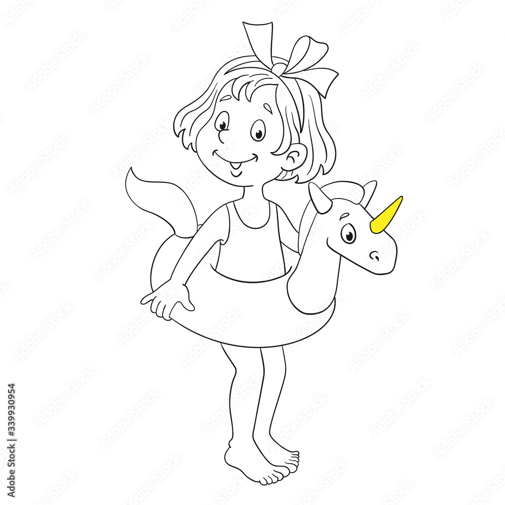 Little cute girl with a swimming circle. Black and white picture and yellow accent. In cartoon style. Isolated on white background. For coloring. Vector illustration. Little cute girl with a swimming circle. Black and white picture and yellow accent. In cartoon style. Isolated on white background. For coloring. Vector illustration.